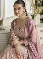 Thumbnail for Vegaa Fashion Onion Pink Georgette Embroidered Seroski Zarkan Anarkali Suit