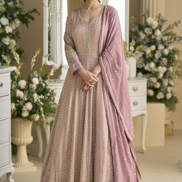 Vegaa Fashion Onion Pink Georgette Embroidered Seroski Zarkan Anarkali Suit