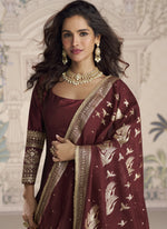 Thumbnail for Vegaa Fashion Maroon Viscose Jacquard Silk Embroidered Gown With Viscose Dupatta - Distacart