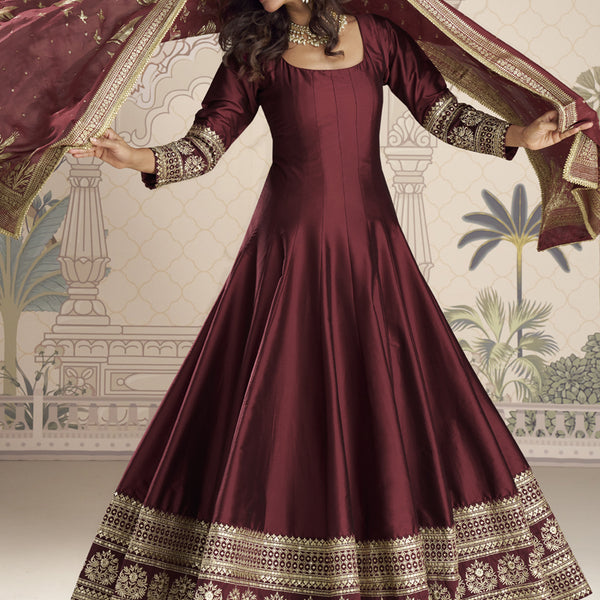 Vegaa Fashion Maroon Viscose Jacquard Silk Embroidered Gown With Viscose Dupatta - Distacart