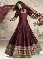 Thumbnail for Vegaa Fashion Maroon Viscose Jacquard Silk Embroidered Gown With Viscose Dupatta - Distacart