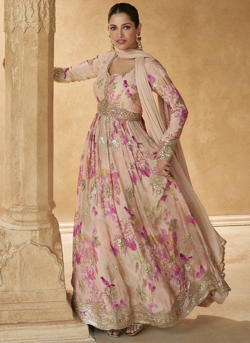 Vegaa Fashion Cream Real Chinon Silk Embroidered Anarkali Suit