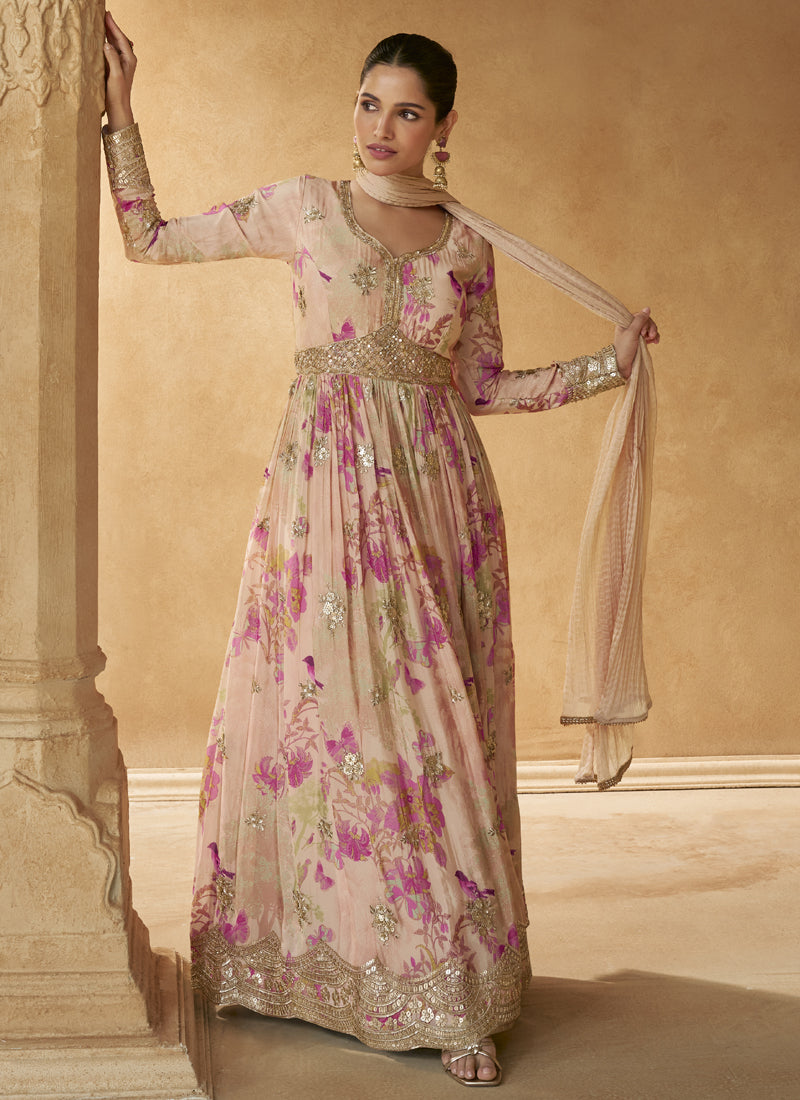 Vegaa Fashion Cream Real Chinon Silk Embroidered Anarkali Suit