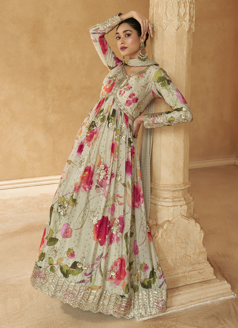 Vegaa Fashion Off White Real Chinon Silk Embroidered Anarkali Suit