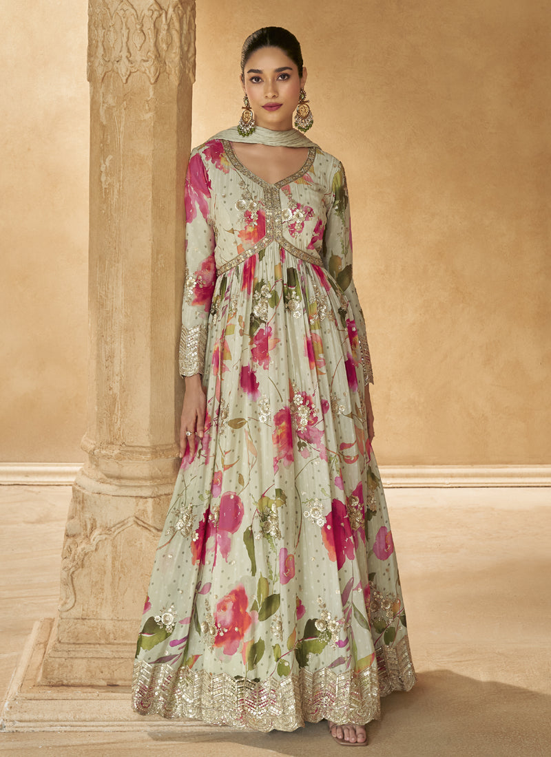 Vegaa Fashion Off White Real Chinon Silk Embroidered Anarkali Suit