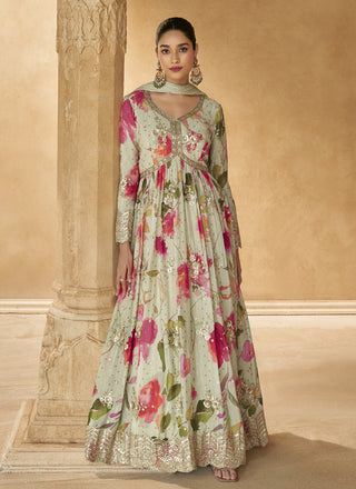Vegaa Fashion Off White Real Chinon Silk Embroidered Anarkali Suit