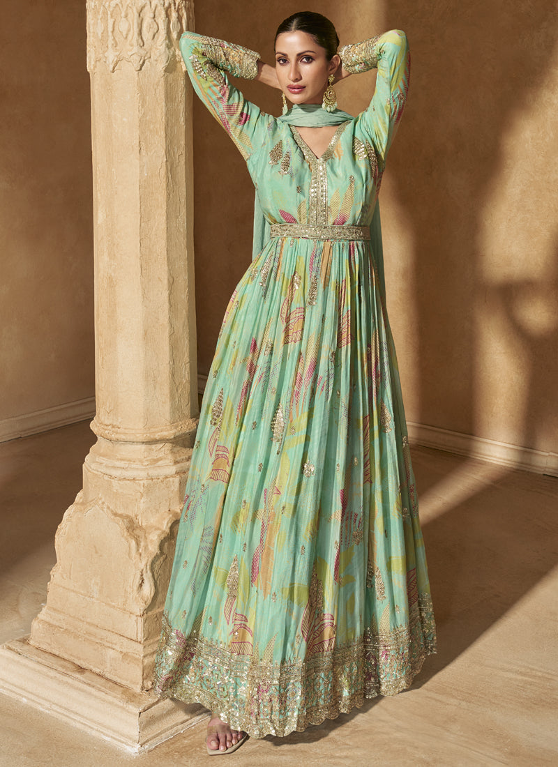 Vegaa Fashion Bottel Green Real Chinon Silk Embroidered Anarkali Suit