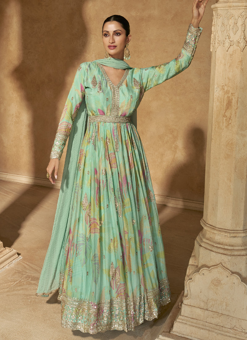 Vegaa Fashion Bottel Green Real Chinon Silk Embroidered Anarkali Suit