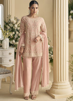 Thumbnail for Vegaa Fashion Light Peach Georgette And Net Embroidered Beads Work Salwar Suit - Distacart