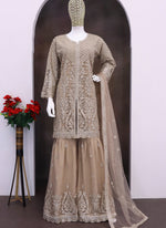 Thumbnail for Vegaa Fashion Beige Net Embroidered Sequin Designer Palazzo Suit - Distacart