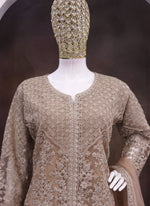 Thumbnail for Vegaa Fashion Beige Net Embroidered Sequin Designer Palazzo Suit - Distacart