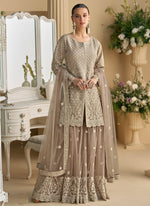 Thumbnail for Vegaa Fashion Beige Net Embroidered Sequin Designer Palazzo Suit - Distacart