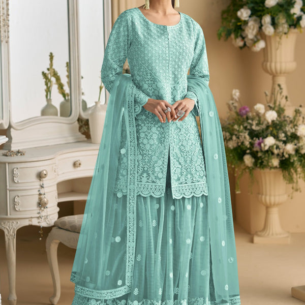 Vegaa Fashion Turquoise Net Embroidered Sequin Designer Palazzo Suit