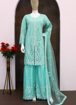 Thumbnail for Vegaa Fashion Turquoise Net Embroidered Sequin Designer Palazzo Suit
