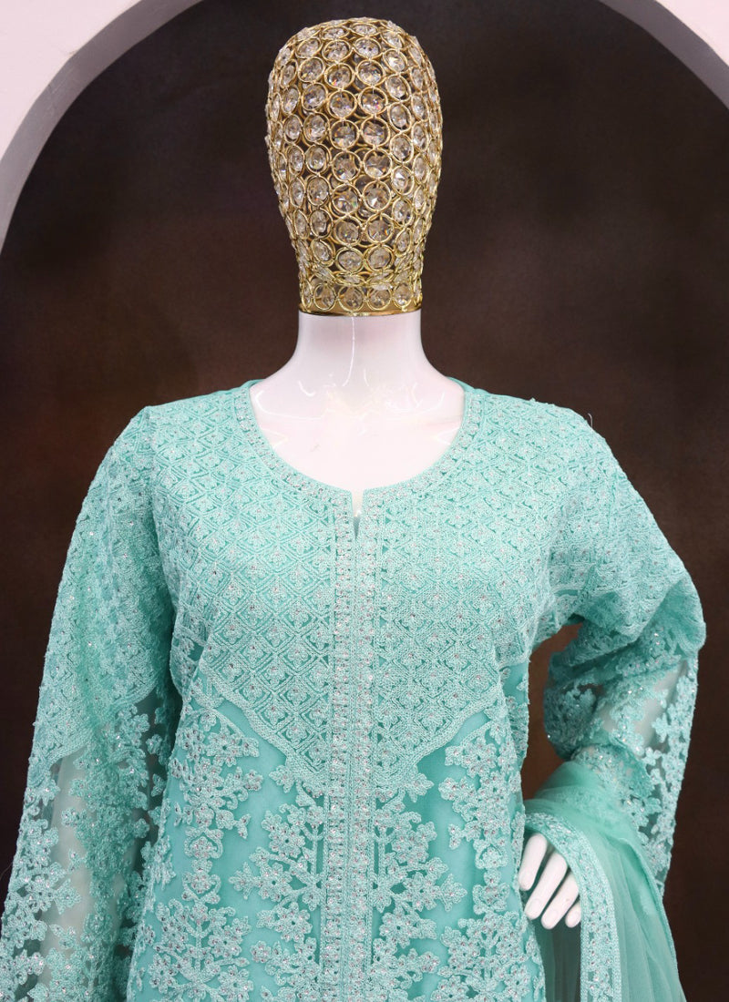 Vegaa Fashion Turquoise Net Embroidered Sequin Designer Palazzo Suit