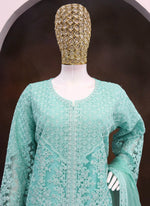 Thumbnail for Vegaa Fashion Turquoise Net Embroidered Sequin Designer Palazzo Suit