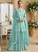 Thumbnail for Vegaa Fashion Turquoise Net Embroidered Sequin Designer Palazzo Suit