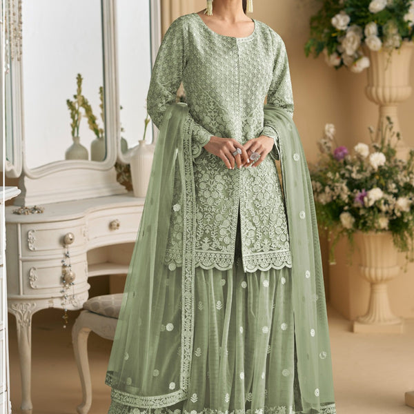 Vegaa Fashion Lime Green Net Embroidered Sequin Designer Palazzo Suit
