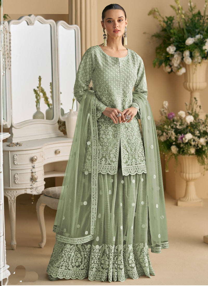 Vegaa Fashion Lime Green Net Embroidered Sequin Designer Palazzo Suit