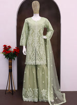 Thumbnail for Vegaa Fashion Lime Green Net Embroidered Sequin Designer Palazzo Suit