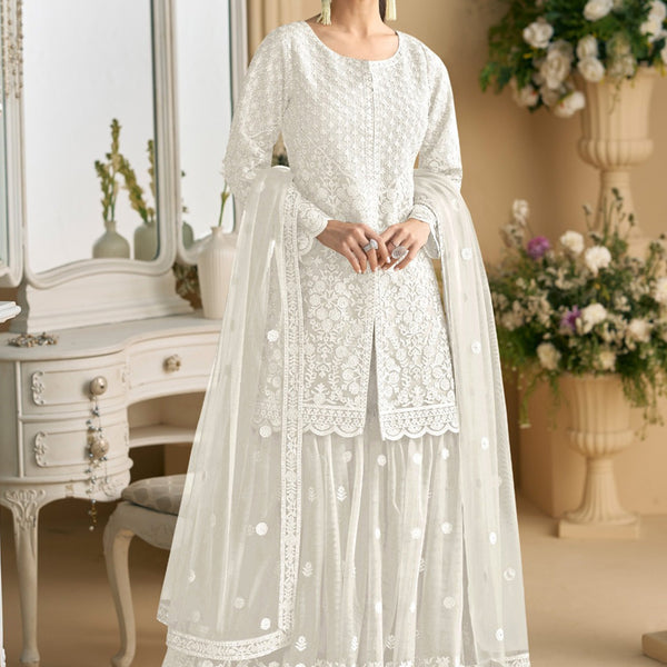 Vegaa Fashion Off White Net Embroidered Sequin Designer Palazzo Suit