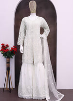 Thumbnail for Vegaa Fashion Off White Net Embroidered Sequin Designer Palazzo Suit