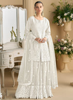 Thumbnail for Vegaa Fashion Off White Net Embroidered Sequin Designer Palazzo Suit