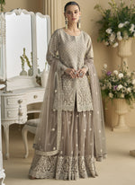 Thumbnail for Vegaa Fashion Beige Georgette And Net Embroidered Beads Work Palazzo Suit - Distacart