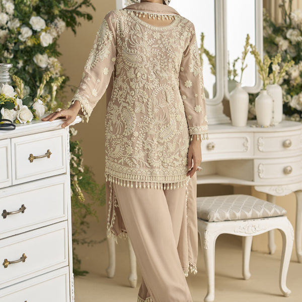 Vegaa Fashion Beige Georgette And Net Embroidered Beads Work Salwar Suit