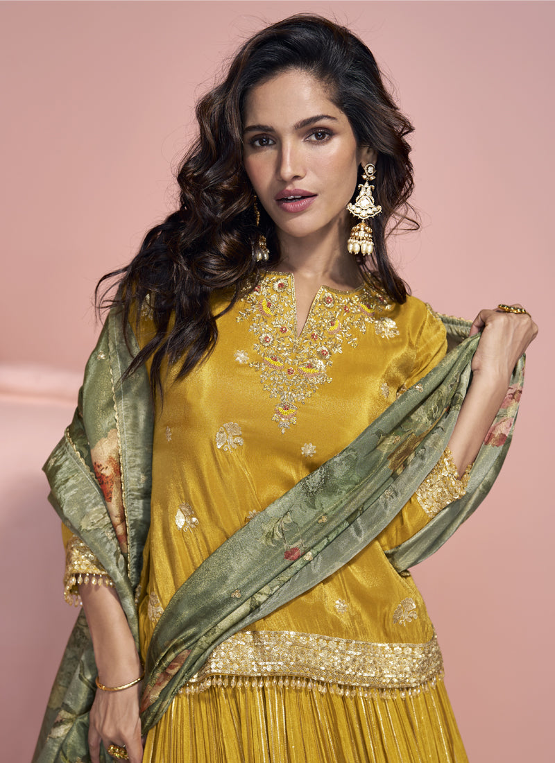 Vegaa Fashion Yellow Jacquard Silk Embroidered Lehenga Style Suit
