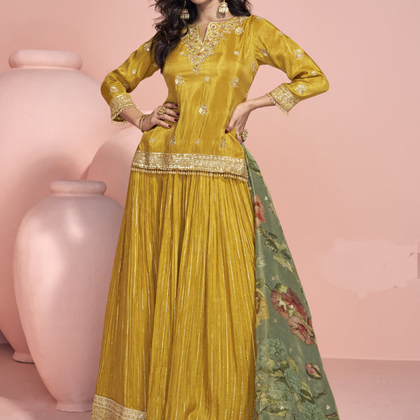 Vegaa Fashion Yellow Jacquard Silk Embroidered Lehenga Style Suit