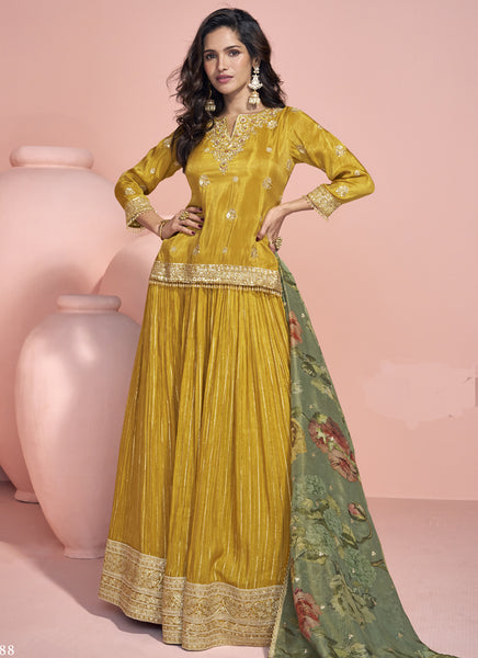 Vegaa Fashion Yellow Jacquard Silk Embroidered Lehenga Style Suit