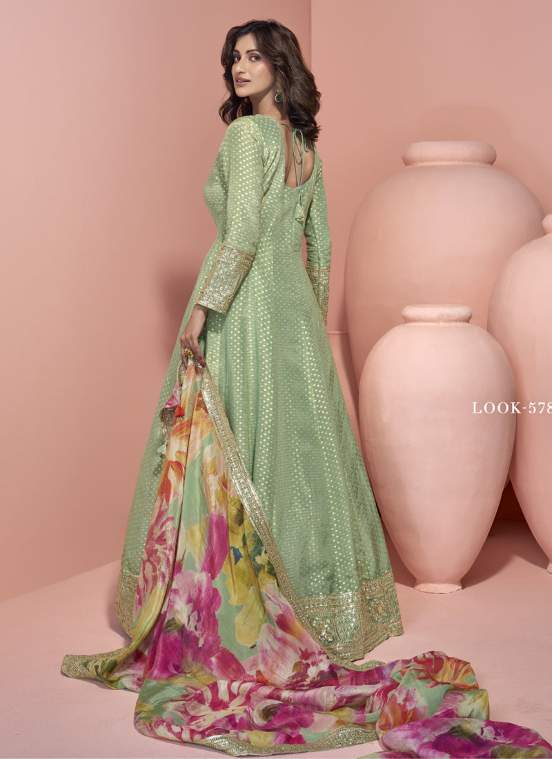 Vegaa Fashion Pista Green Viscose Jacquard Silk Embroidered Anarkali Suit