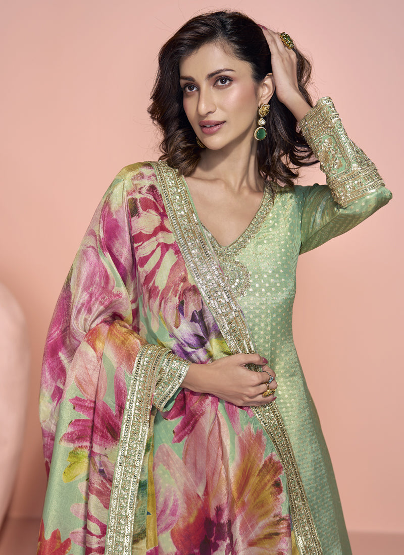 Buy Vegaa Fashion Pista Green Viscose Jacquard Silk Embroidered Anarkali Suit Online at Low Prices - Indian Store Buy Vegaa Fashion Pista Green Viscose Jacquard Silk Embroidered Anarkali Suit Online at Low Prices - Indian Store