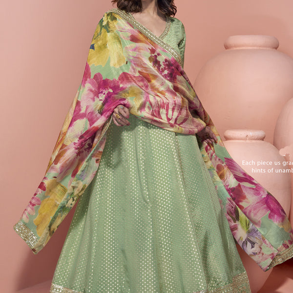 Vegaa Fashion Pista Green Viscose Jacquard Silk Embroidered Anarkali Suit