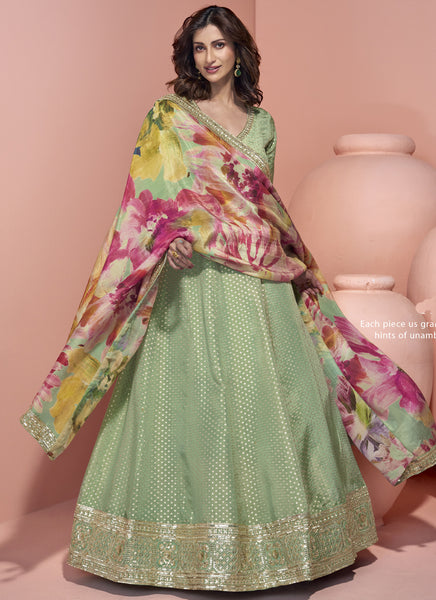 Vegaa Fashion Pista Green Viscose Jacquard Silk Embroidered Anarkali Suit
