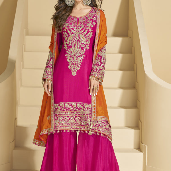 Vegaa Fashion Pink Chinon Silk Embroidered Palazzo Suit