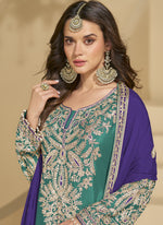 Thumbnail for Vegaa Fashion Rama Green Chinon Silk Embroidered Palazzo Suit - Distacart