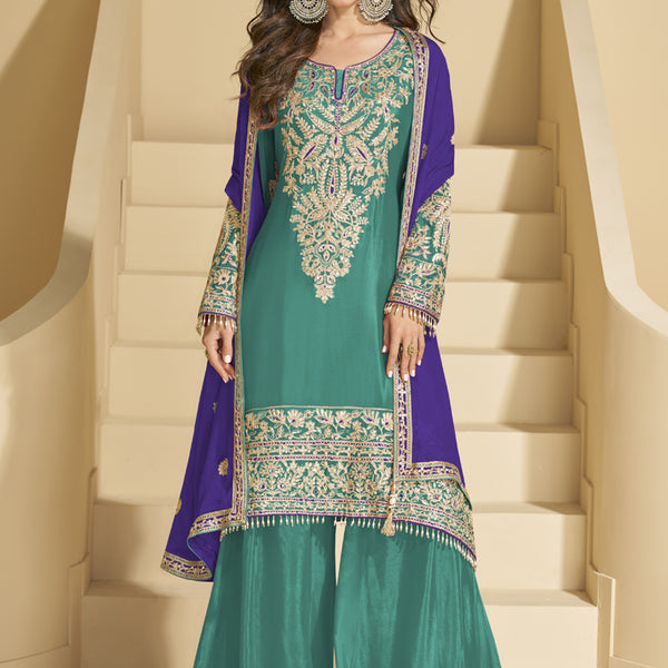 Vegaa Fashion Rama Green Chinon Silk Embroidered Palazzo Suit - Distacart
