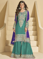 Thumbnail for Vegaa Fashion Rama Green Chinon Silk Embroidered Palazzo Suit - Distacart