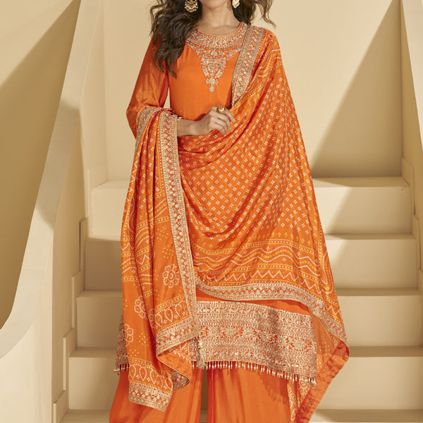 Vegaa Fashion Orange Chinon Silk Embroidered Palazzo Suit