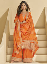 Thumbnail for Vegaa Fashion Orange Chinon Silk Embroidered Palazzo Suit