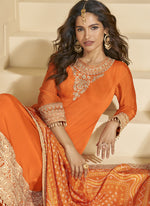 Thumbnail for Vegaa Fashion Orange Chinon Silk Embroidered Palazzo Suit