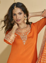 Thumbnail for Vegaa Fashion Orange Chinon Silk Embroidered Palazzo Suit