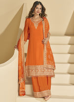 Thumbnail for Vegaa Fashion Orange Chinon Silk Embroidered Palazzo Suit