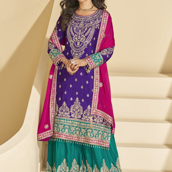 Vegaa Fashion Violet Chinon Silk Embroidered Palazzo Suit