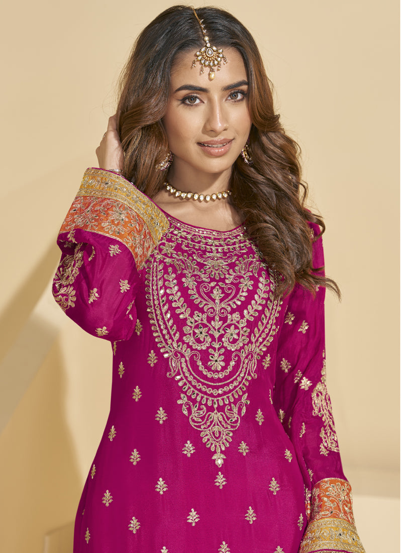Vegaa Fashion Rani Pink Chinon Silk Embroidered Palazzo Suit