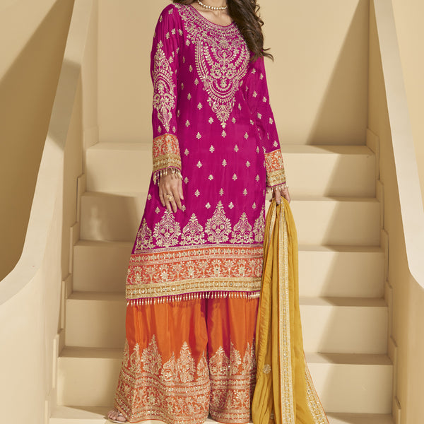 Vegaa Fashion Rani Pink Chinon Silk Embroidered Palazzo Suit