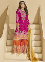 Thumbnail for Vegaa Fashion Rani Pink Chinon Silk Embroidered Palazzo Suit