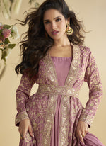 Thumbnail for Vegaa Fashion Onion Pink Chinon Silk Embroidered Designer Gown With Shrug